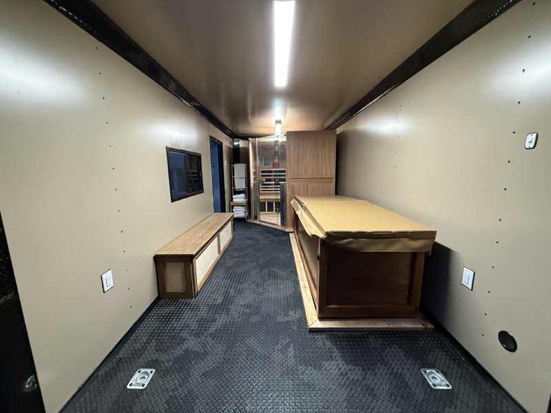 Interior layout showing sauna, cold plunge, and bench seating